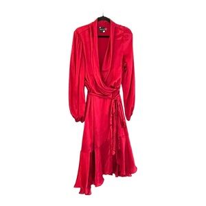 Maison Tara Ruffle Wrap Long Sleeve Shimmer Scarlet Red Midi Dress Size 22W